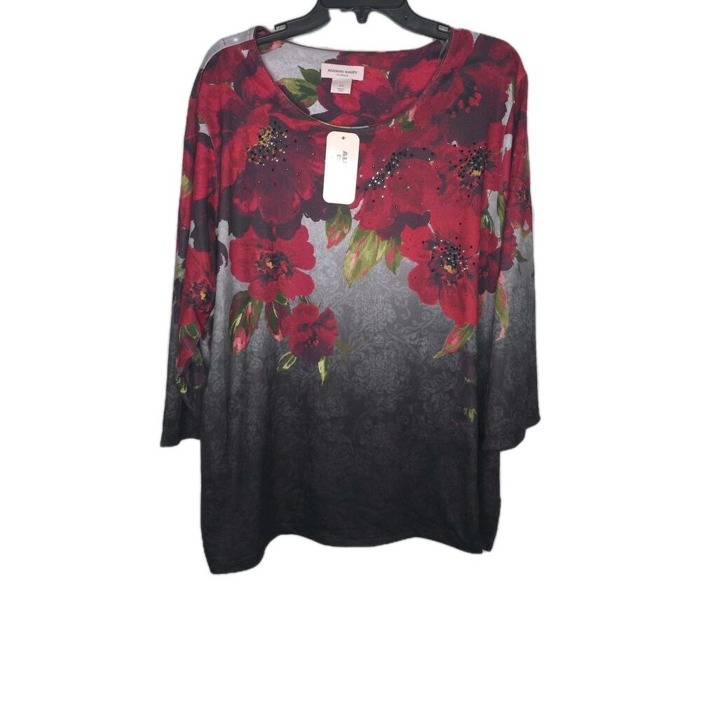 Allison Daley Womans Tunic Plus 2X Red Gray Floral Round Neck 3/4 Sleeve Top